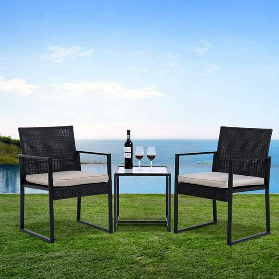 XF XINFENG 3 Pieces Outdoor Patio Furniture Sets Wicker Porch Furniture Bistro Table Rattan Chairs w/Thick Cushions Patio Conversation Set with Glass Coffee Table for Lounge, Backyard Pool, Black
