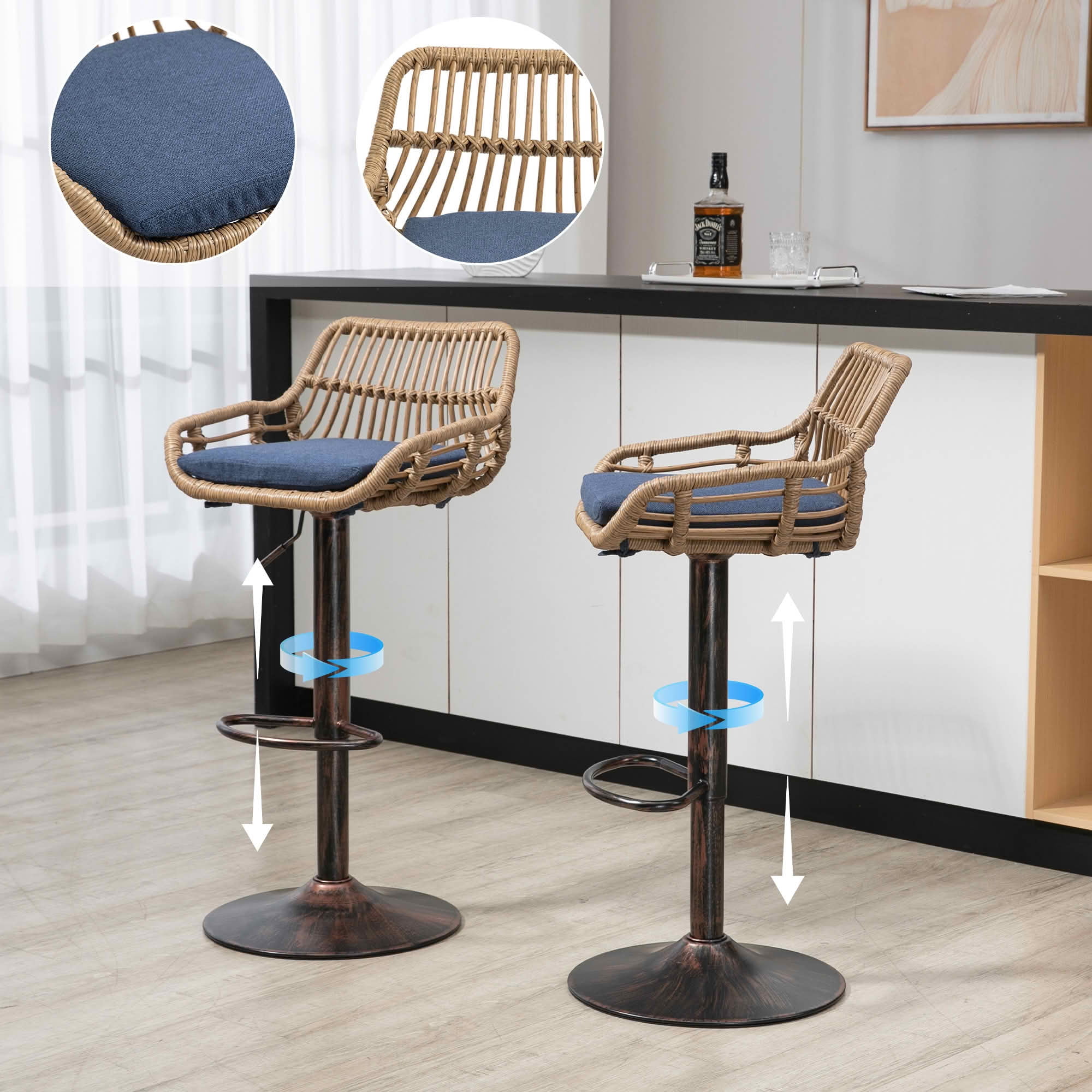 MAYEERTY Swivel Bar Stools Set of 2, Adjustable Height Chairs with Footrest, Linen and PE Rattan Back, Blue