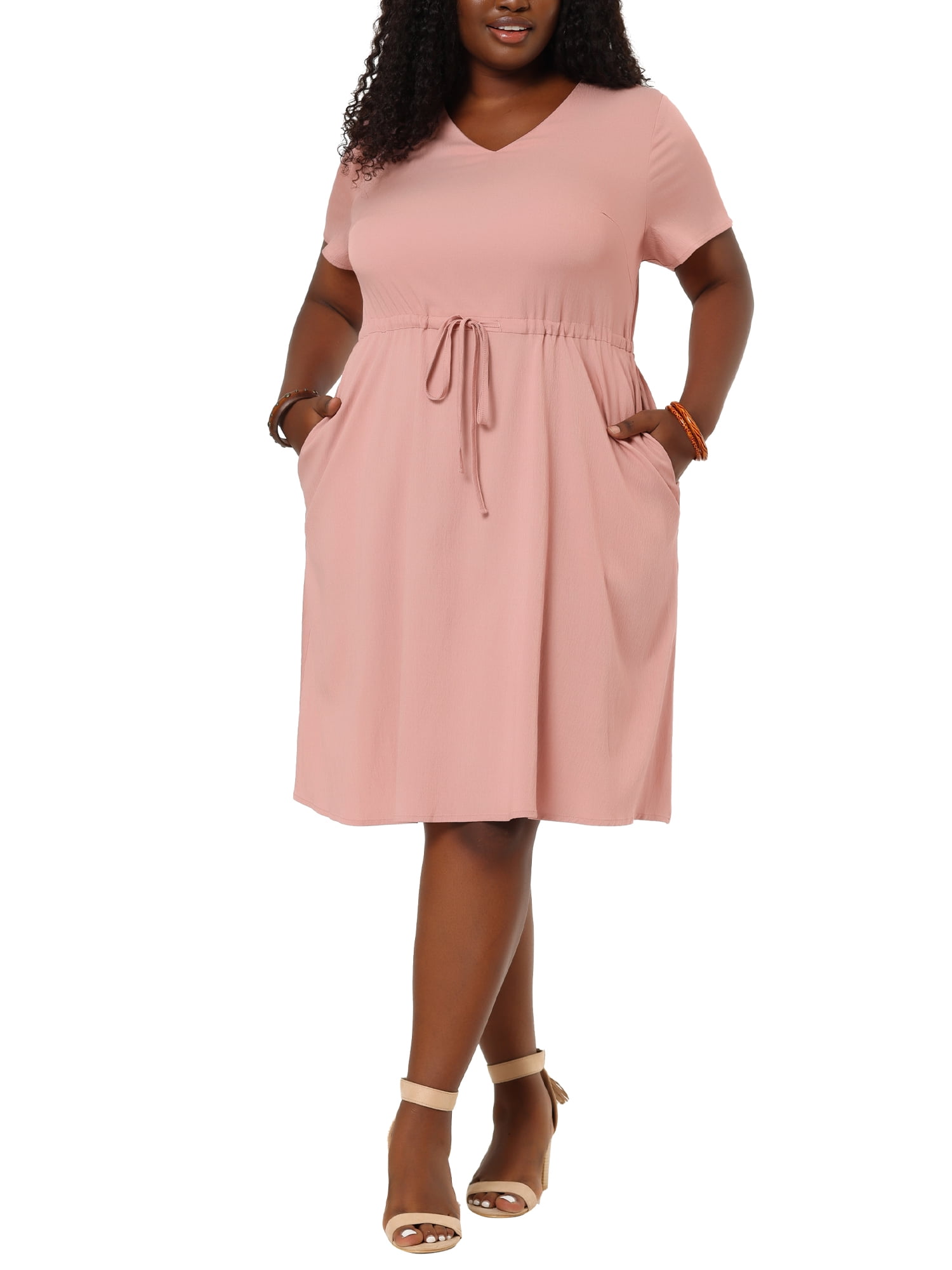 Unique Bargains Women's Plus V Neck Short Sleeve A-Line Denim Dresses 4X Pink