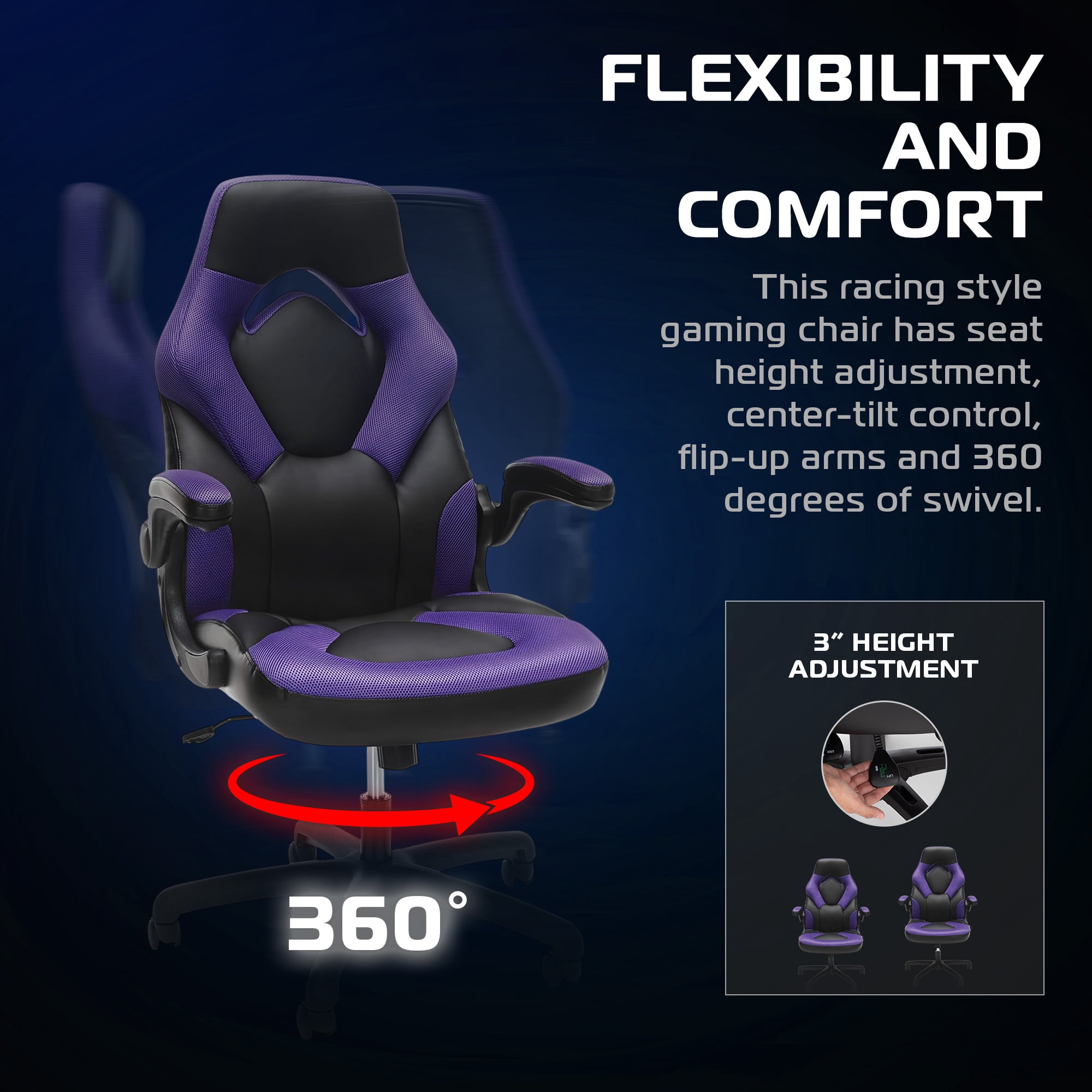 RESPAWN 3085 Ergonomic Gaming Chair for Adults, High Back Office Chair with Headrest and Flip Up Arms, Leather Racing Style Gaming Seat with Lumbar Support, Video Game Computer Desk Seat - Purple