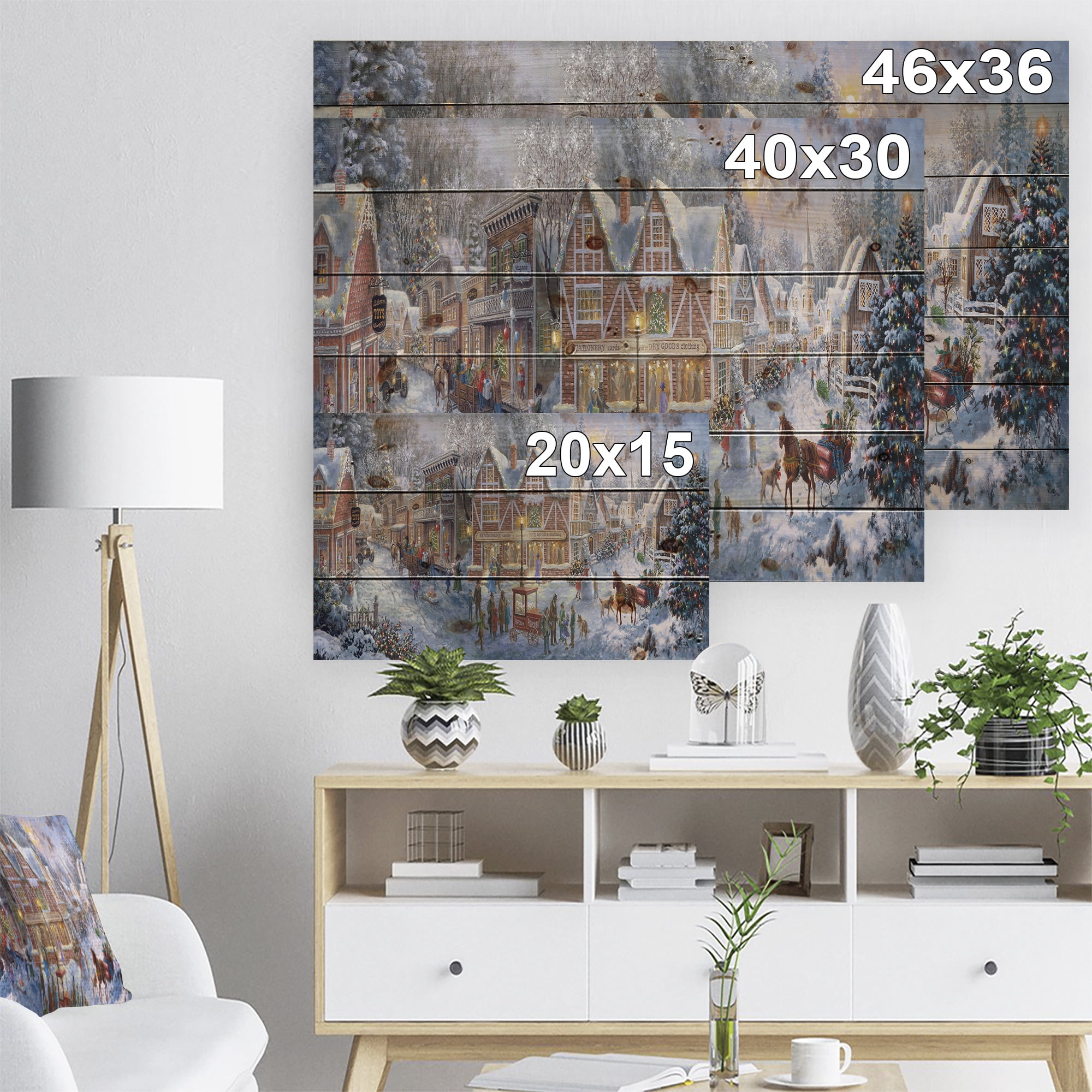 Designart 'Winter Christmas Shopping in snowy cottage with sleigh' Print on Natural Pine Wood