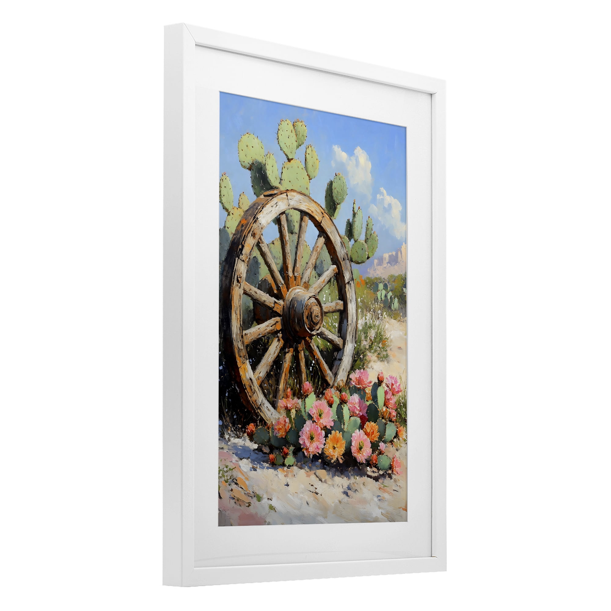 Stupell Industries Wagon Wheel Among Cactus White Framed Print Under Glass, design by Franklyn Gregory