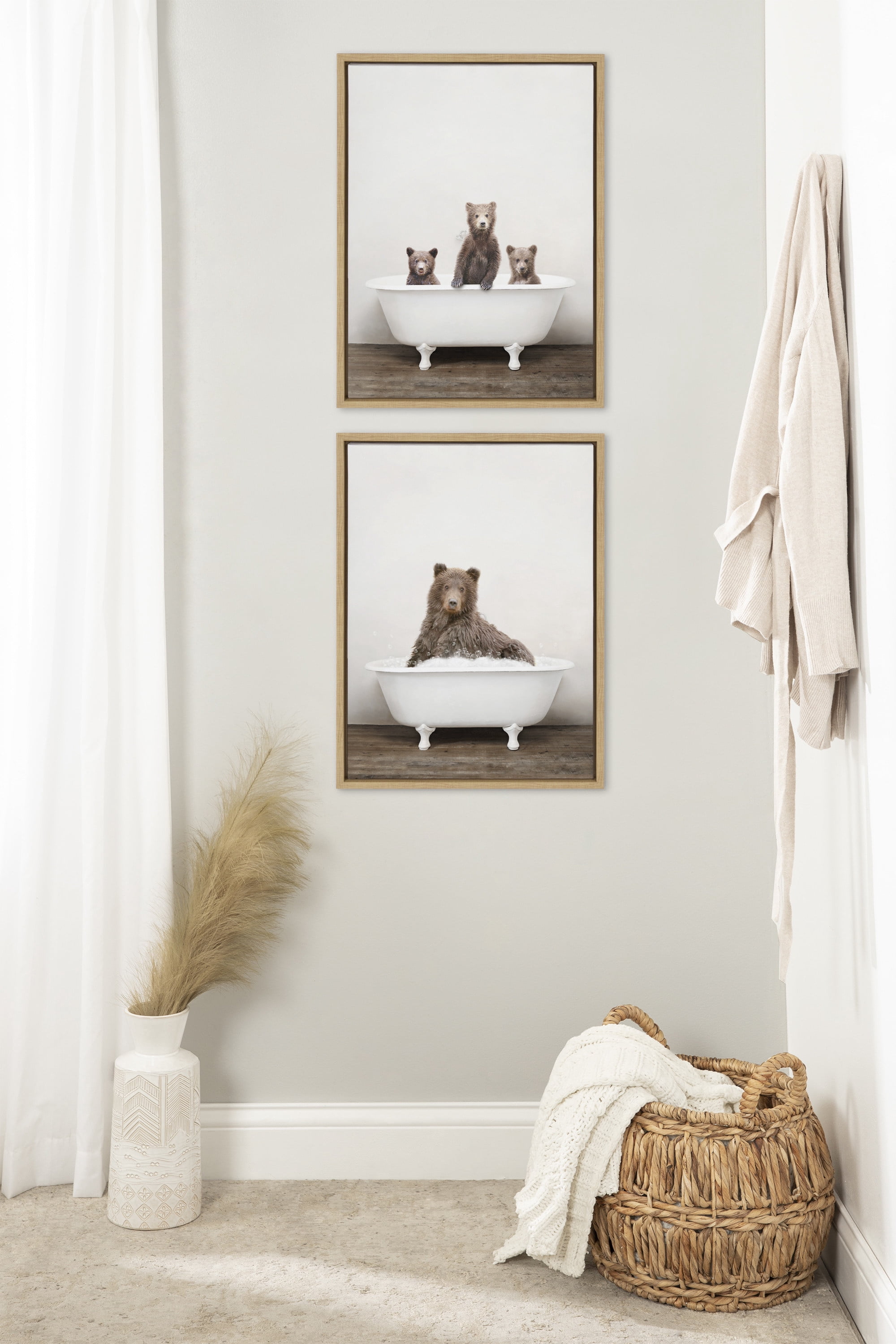 Kate and Laurel Sylvie Bear Rustic Bubble Bath Framed Canvas Wall Art by Amy Peterson Art Studio, 18x24 Natural, Modern Fun Decorative Bathtub Wall Art for Home Décor
