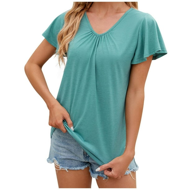 Camiseta de manga corta con cuello en V y pliegues para mujer, corte holgado, color liso, para uso informal o en la playa