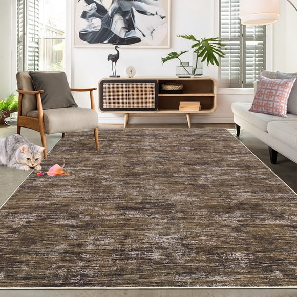 Garvee Tapis Moderne Abstrait 8'x10 Pieds Lavable, Tapis Antidérapant à Poils Courts Résistant aux Taches, Tapis Contemporain Neutre pour Salon Chambre Déco Maison, Brun