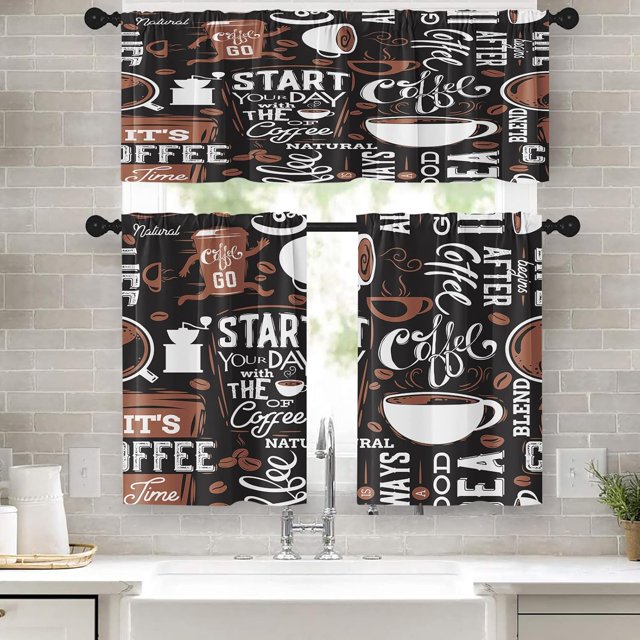 Kitchen Curtains Coffee Window Curtains and Valances Set 36 Inch, Brown Black Cute Short Tier Curtain for Kitchen, White Cartoon Cute Doodle Small Kitchen Decor