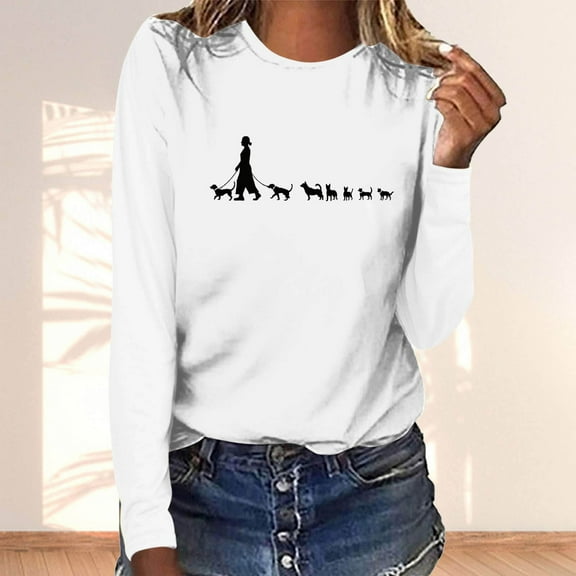 Fznquz Casual Tops Women Long Sleeve White Cotton Tees Graphic Crewneck Womens T Shirts