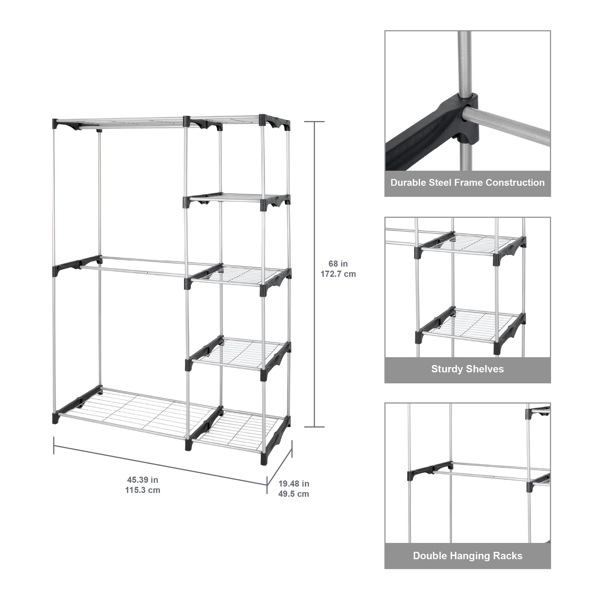 Mainstays 4-Shelf Metal Wire Closet Organizer with 2-Tier Clothes Rack