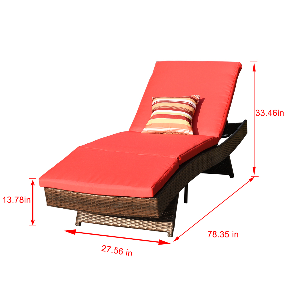 Set of 2 Patio Outdoor Adjustable Resin Wicker Long Chaise Lounge Chair Set with Cushions and 2 Throw Pillows (Red) - image 2 of 8
