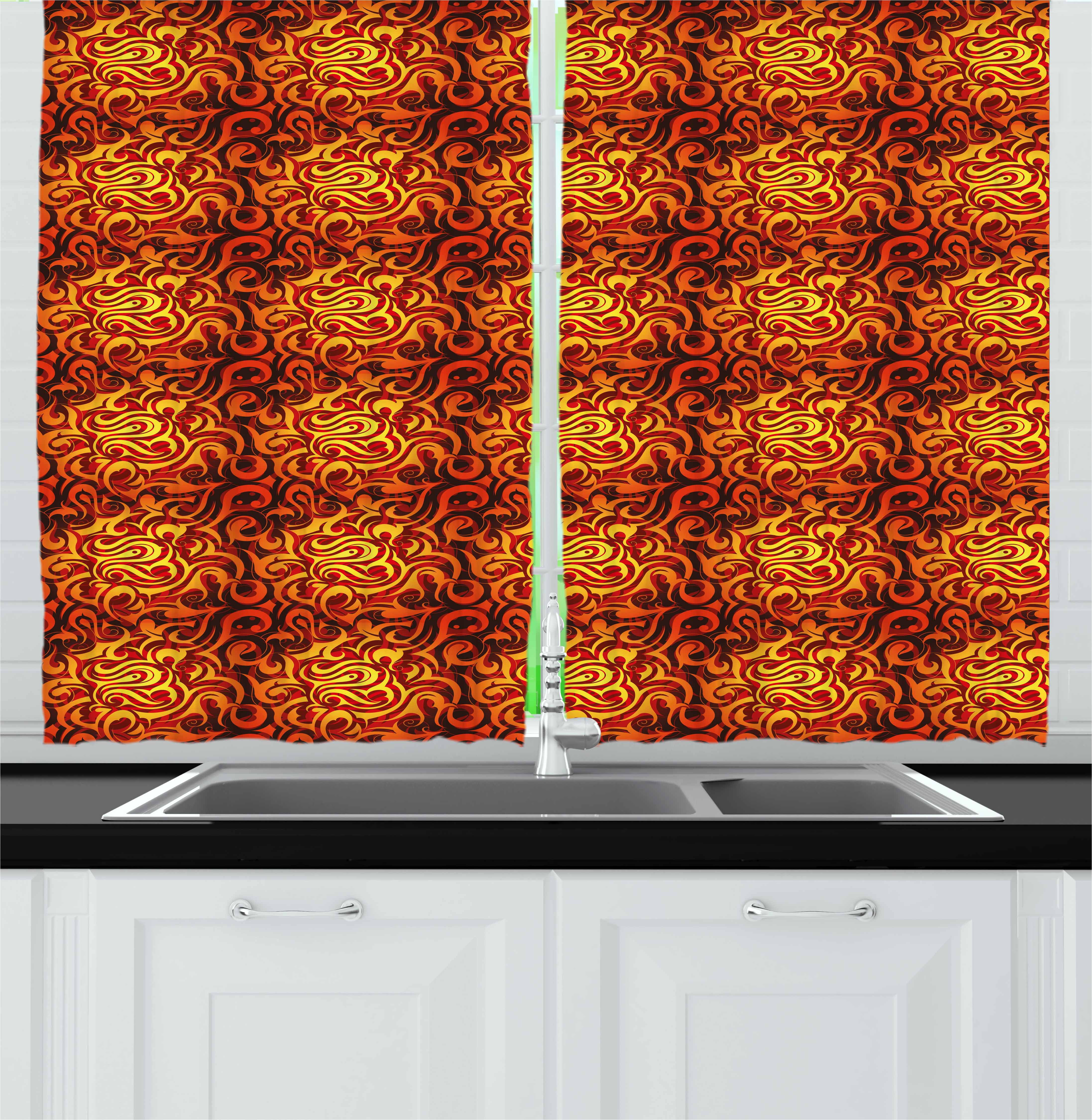 Abstract Curtains 2 Panels Set, Surreal Floral Pattern with Swirls