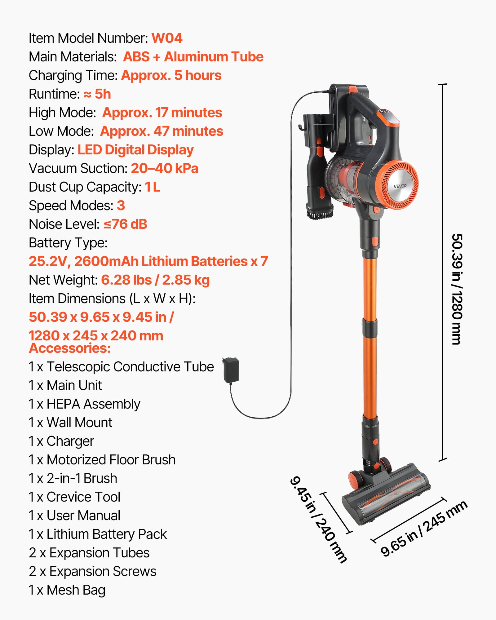 VEVOR Cordless Vacuum Cleaner, 40KPA Max Suction, Rechargeable Anti-Tangle Stick Vacuum with LED Display Screen, Lightweight Handheld Vac with 47mins Runtime for Home, Carpet, Pet Hair, Hard Floor
