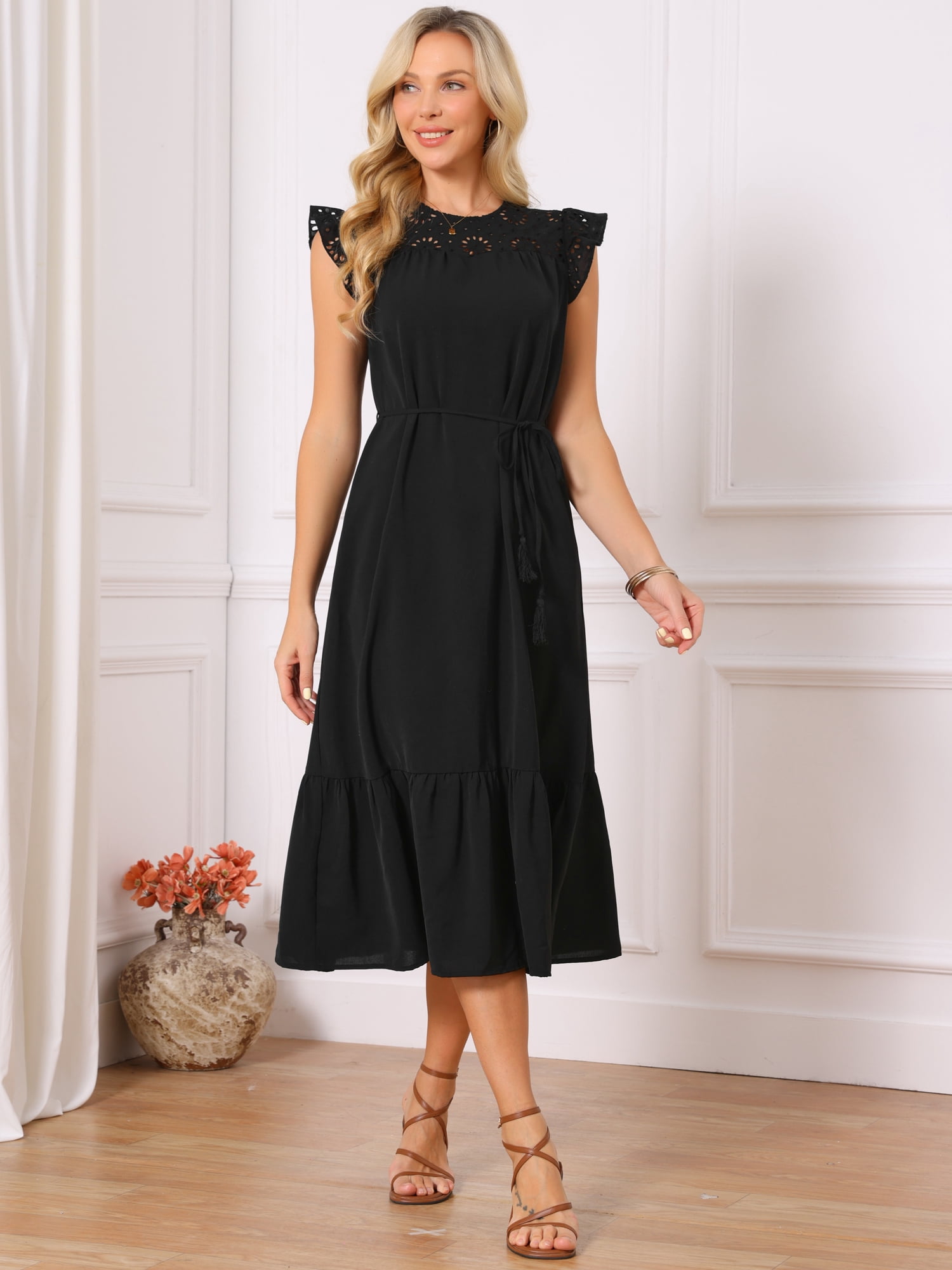 DARING DIVA Women's Eyelet Dress Flutter Sleeve Casual Sundress Flowy Midi S Black