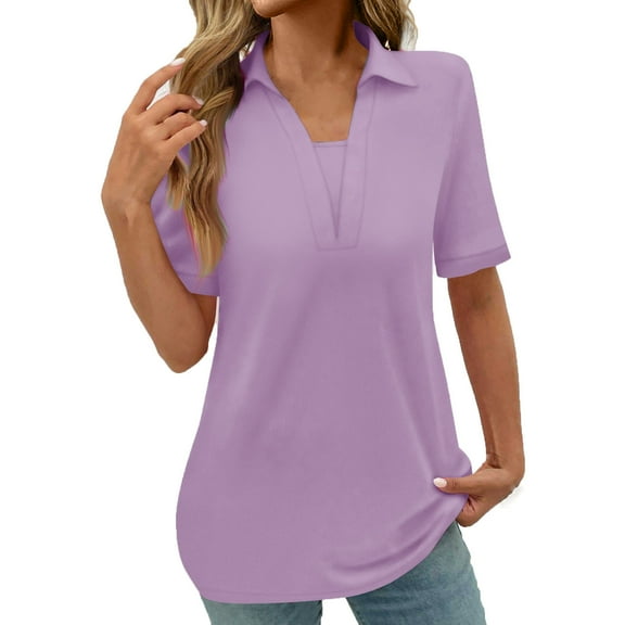 MIUOWANP Plus Size Women's long T-shirt Tops Solid Color Loose Breathable Lapel V-Neck Casual Blouse Size L(8)Purple