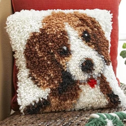 Beagle Dog DIY Latch Hook Pillow Kit for Adults Throw Pillow Cover with Printed Canvas Crochet Yarn Needle Craft Easy DIY Handmade Cushion for Christmas Decoration 43x43cm