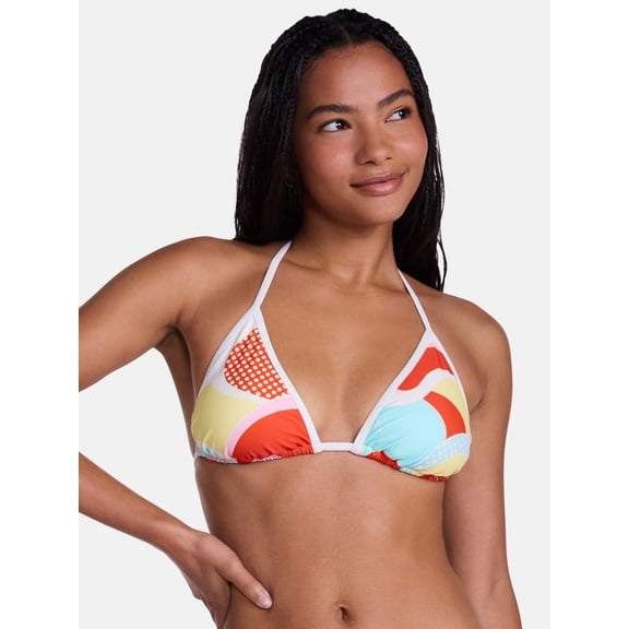 No Boundaries Groovy Print Triangle Bikini Swim Top, Women's XXS-XXL