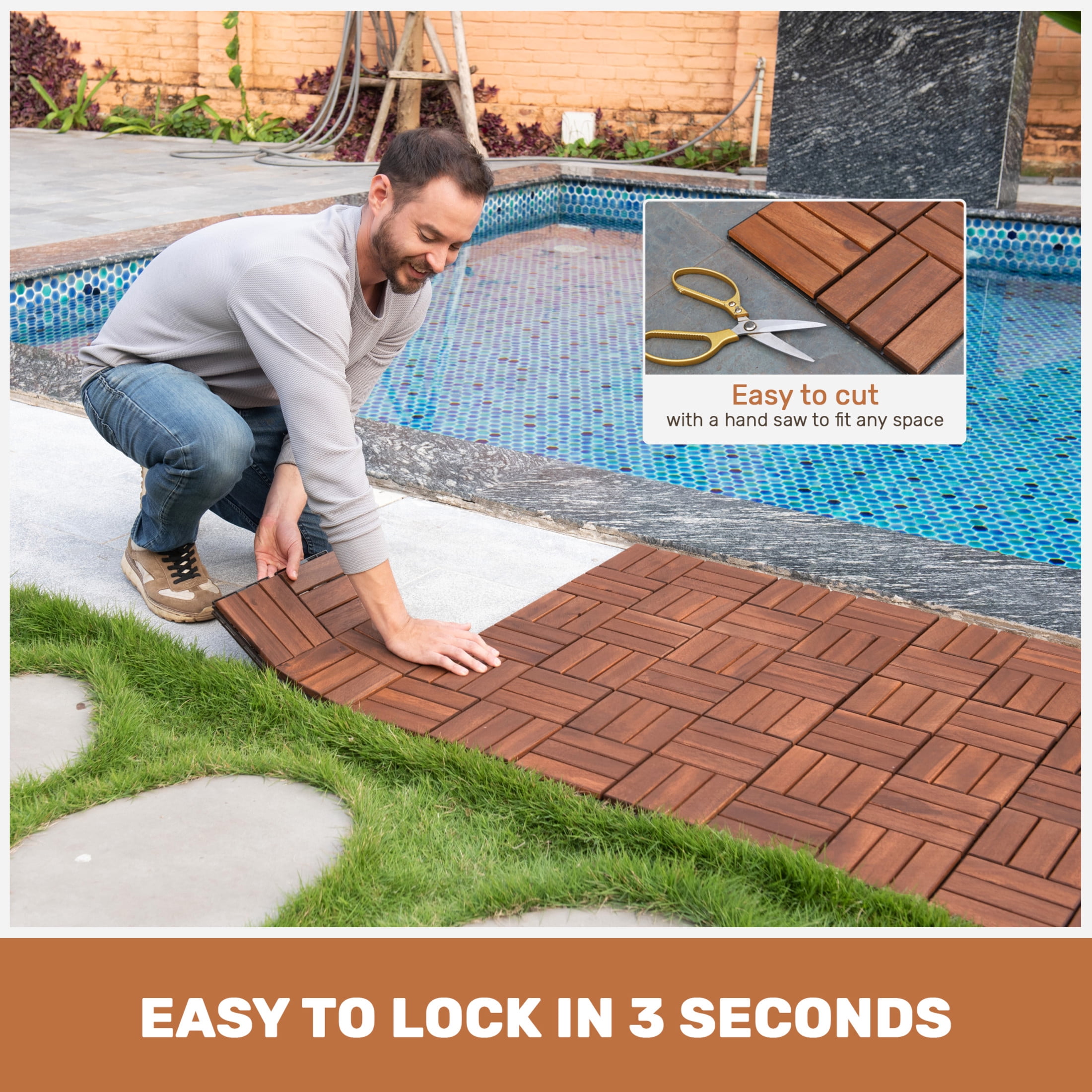 Noble House 12" Checker Acacia Wood Interlocking Deck Tiles, All-Weather Hardwood Patio Flooring, Brown, 10 PCS