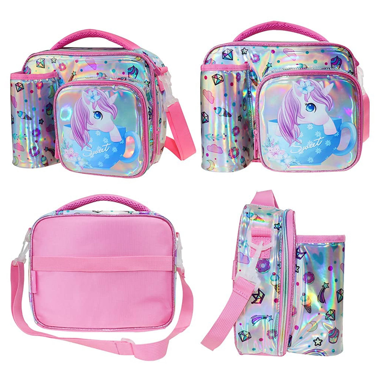 IvyH Kids Insulated Lunch Bag With Bottle Holder Adjustable Shoulder Strap Reusable Water Resistant Cartoon Lunchbag