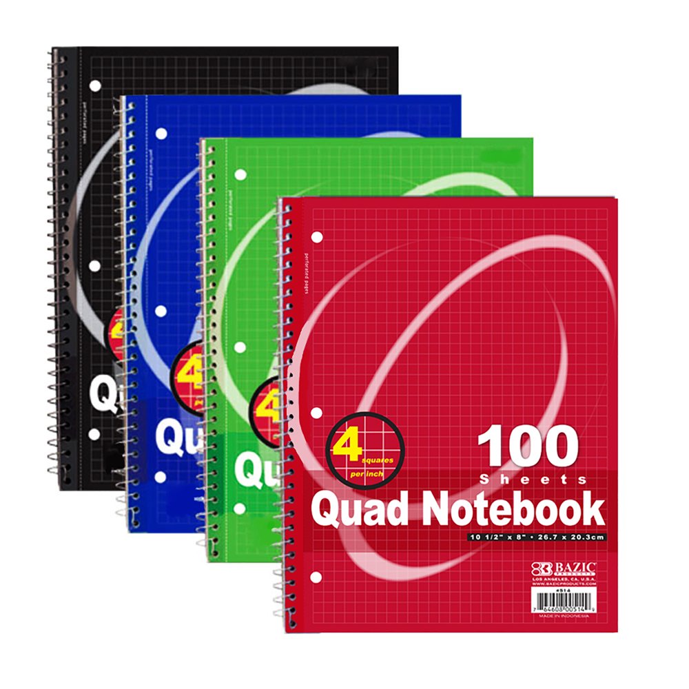 BAZIC QuadRuled Spiral Notebook 100 Count, Assorted colors (10 1/2
