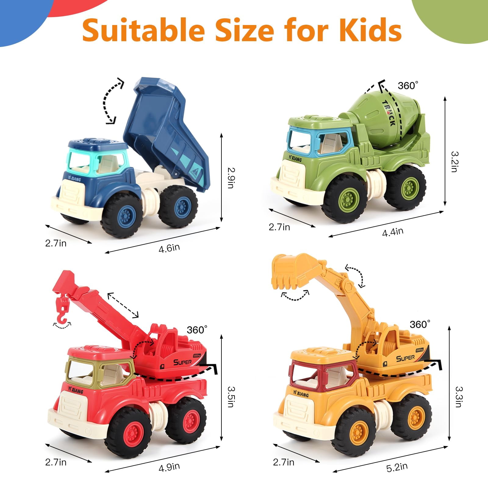 NexTone Construction Toys for 2 3 4 5 Years Old Boys Girls Kids Toddlers, Sandbox Excavator Toy Construction Truck Toys Vehicles Dump Crane Cement Mixer Truck, Christmas Birthday Gifts