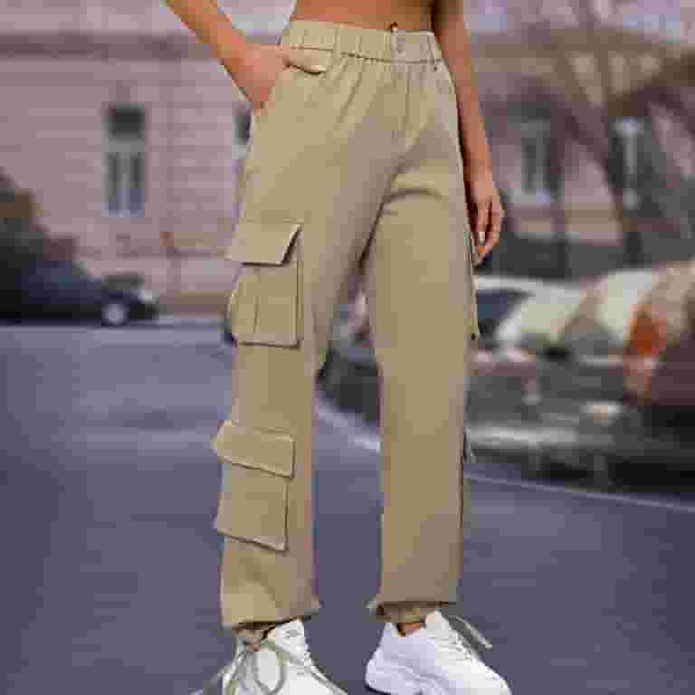 YUSE☆COTTON TWILL CARGO STRING WIDE PANTS Womens Cotton Cargo Pants with Multi Pockets Drawstring