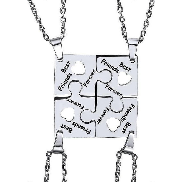 HTOOO 4 Pcs Puzzle Best Friends Forever Necklaces Stainless Steel Engraved Heart & 3 Pcs Simple Bar BFF Pendant Set Friendship Necklaces