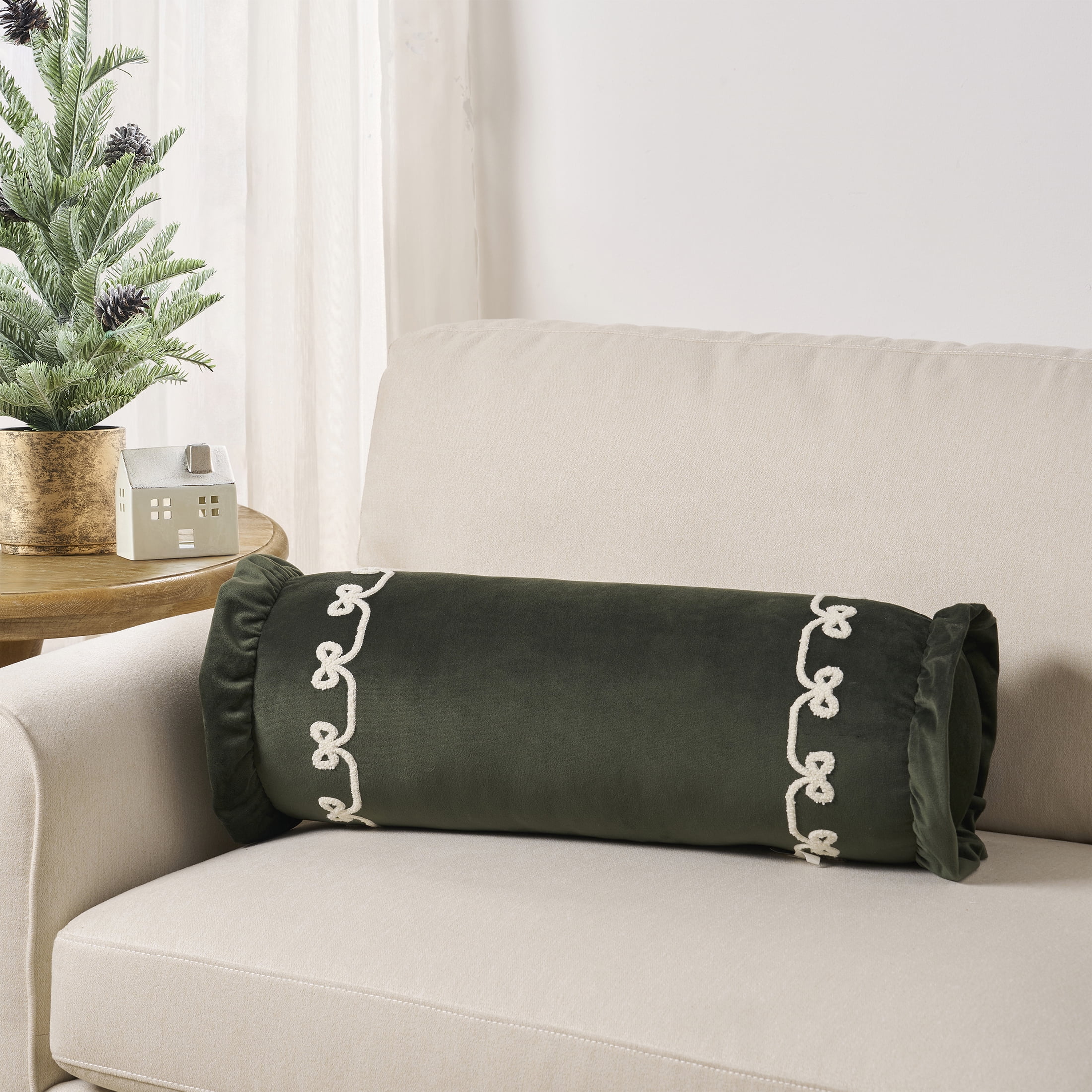 My Texas House 8" x 22" Green Velvet Ruffle Bolster Decorative Pillow