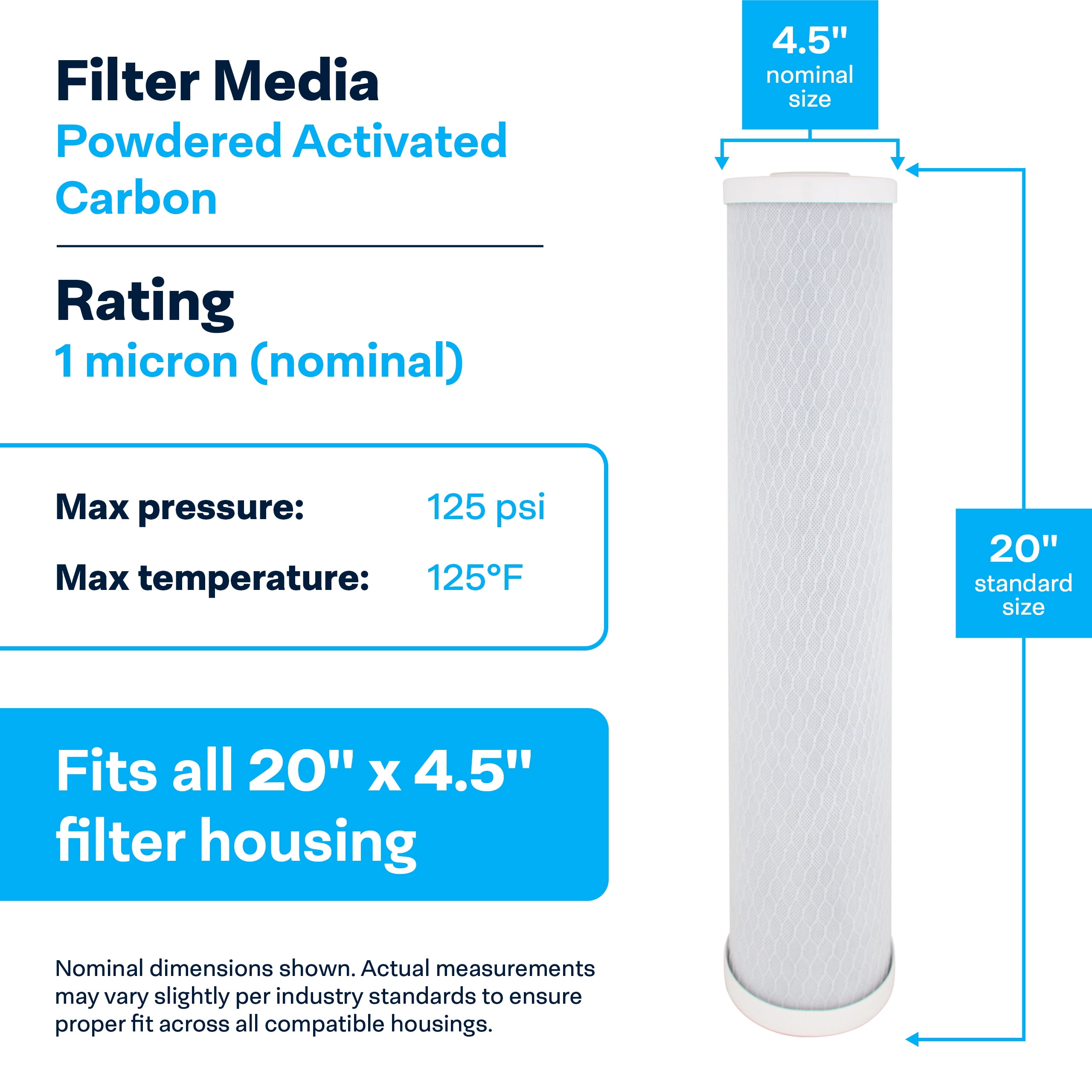 SpiroPure SP-CBC-20BB 20x4.5 1 Micron NSF Certified Coconut Shell Carbon Block Water Filter Cartridge CB-45-2001 (Case of 4)
