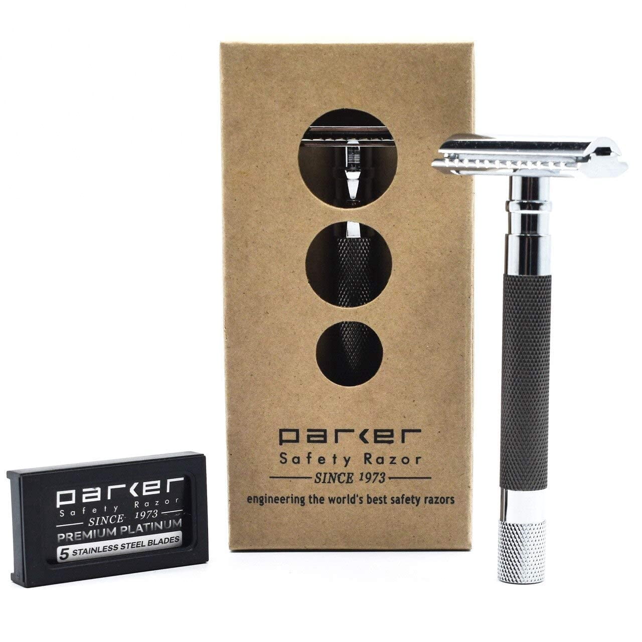 Parker Safety Razor 56R Double Edge Safety Razor with 5 Parker Razor Blades (Graphite)