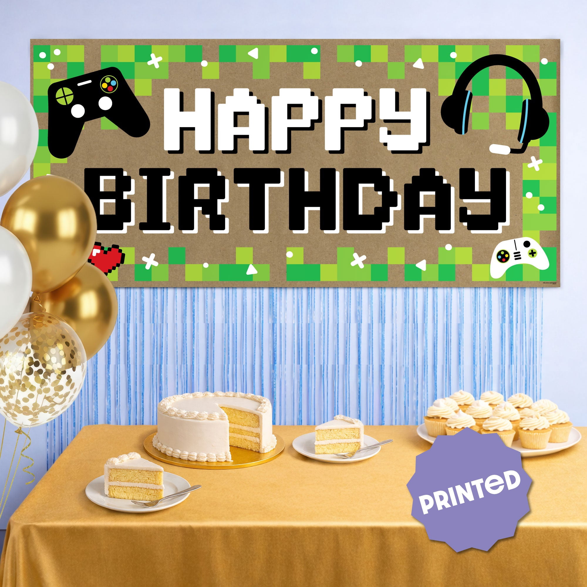 Big Dot of Happiness Video Game Kraft Paper Banner, Pixel Game Zone Happy Birthday Party Banner, Printed Brown Paper Party Sign Decoration – 1 Count