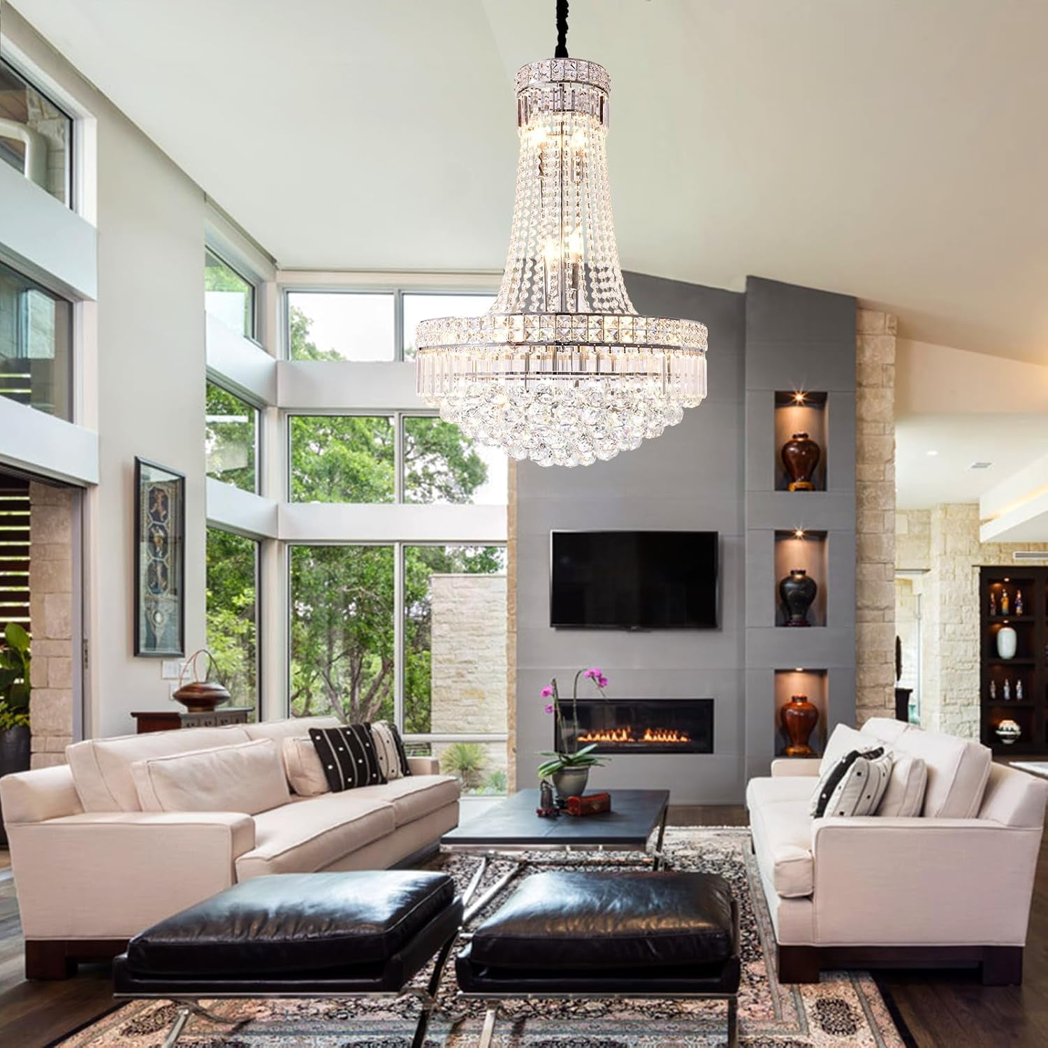 More Change Modern Crystal Chandelier Chrome Empire Hanging Chandelier 13-Lights Crystal Ceiling Pendant Light Fixture for Living Room Dining Room Foyer