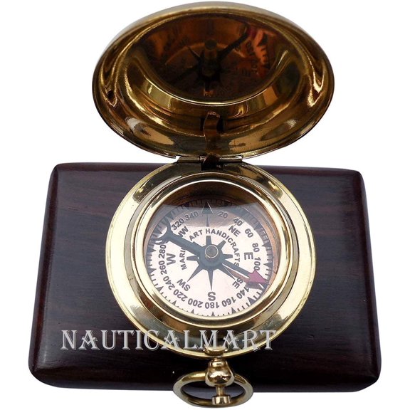 NauticalMart Handmade Brass Push Open Compass with Wooden Case, Pocket Compass, Gift Compass