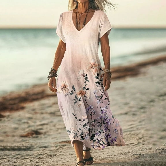 Yotami Boho Dress for Women V-Neck Long Dress Short Sleeve Floral Print Loose Flowy Dress for Summer
