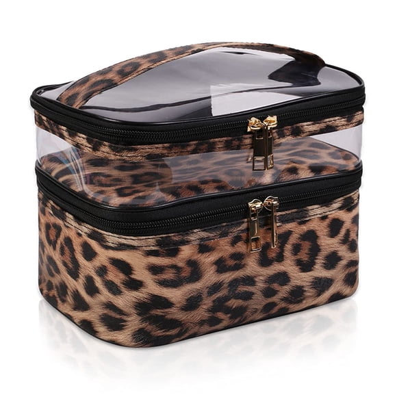imerelez Bolsa de cosméticos de doble capa, bolsa de maquillaje, bolsa de maquillaje de viaje, bolsas de maquillaje para mujeres, estuches de cosméticos, portátil, impermeable, plegable (leopardo)