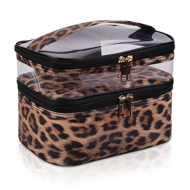 imerelez Bolsa de cosméticos de doble capa, bolsa de maquillaje, bolsa de maquillaje de viaje, bolsas de maquillaje para mujeres, estuches de cosméticos, portátil, impermeable, plegable (leopardo)