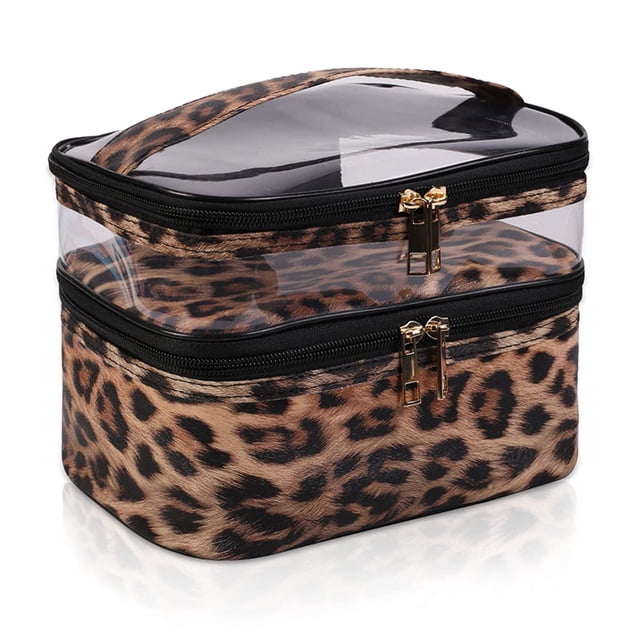 imerelez Bolsa de cosméticos de doble capa, bolsa de maquillaje, bolsa de maquillaje de viaje, bolsas de maquillaje para mujeres, estuches de cosméticos, portátil, impermeable, plegable (leopardo)