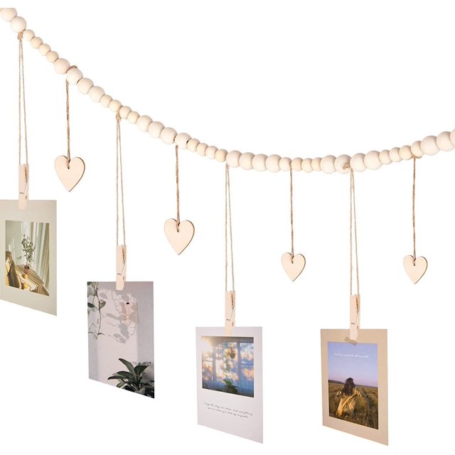 Cadena de cuentas de madera para decoración de pared, colgante con Clips y astillas de madera en forma de corazón, 1 ud.
