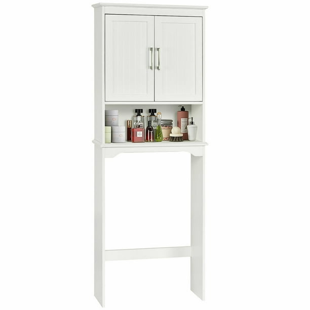 Costway Mueble salva espacio arriba del inodoro, organizador baño con 3 repisas, estante baño con repisa interna regulable repisa abierta y doble puertas (blanco)