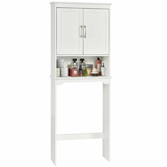 Costway Mueble salva espacio arriba del inodoro, organizador baño con 3 repisas, estante baño con repisa interna regulable repisa abierta y doble puertas (blanco)