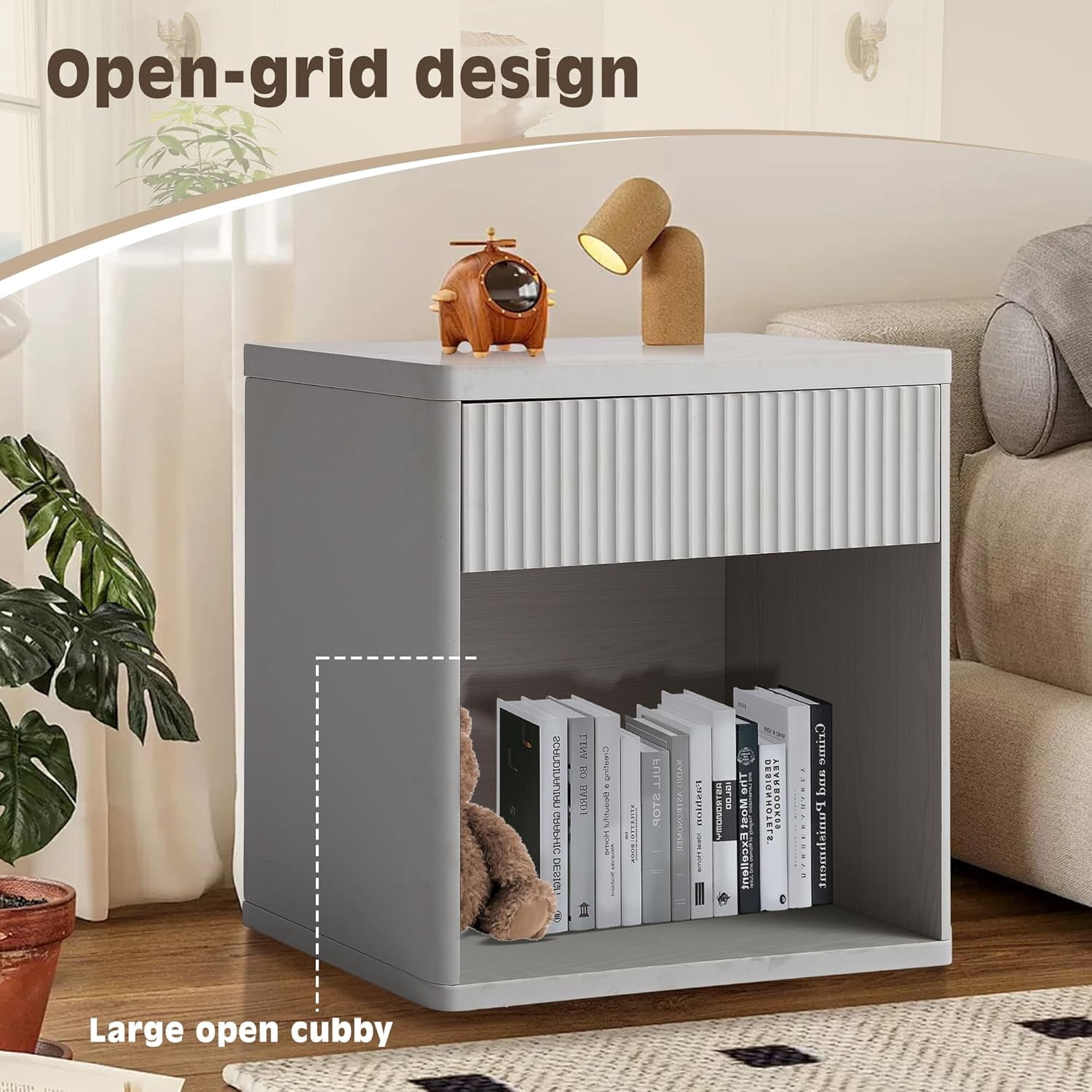 Haverchair Fluted Night Stand, Nightstands with Drawer Storage, Modern Mid Century Bed Side Table End Table, Large Modern Wide Bedside Table for Bedroom Living Room Sofa Couch Office, Gray