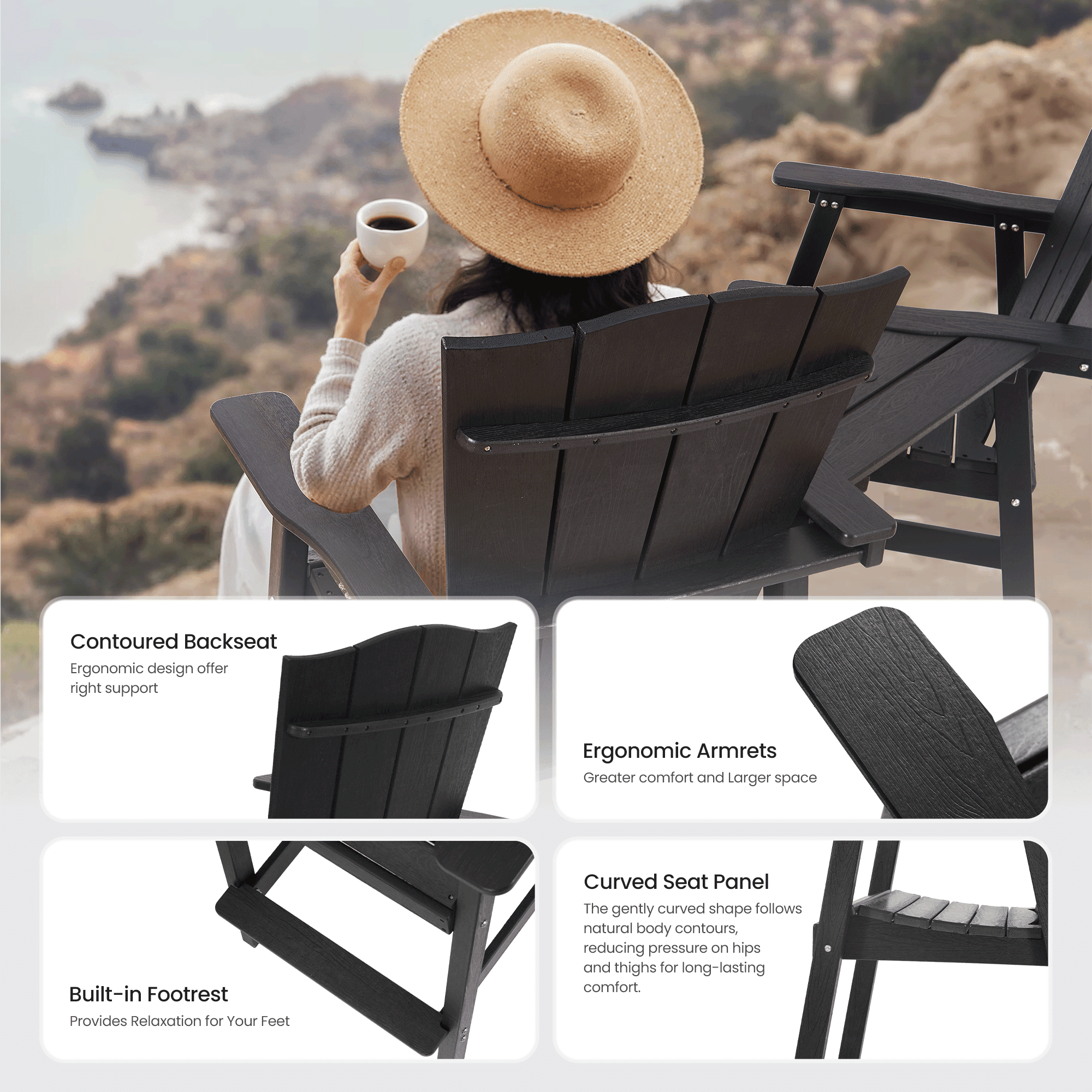 Naipo Tall Adirondack Chairs Set of 2,HDPE Outdoor All-Weather Bar Stool with Removable Connecting Tray Weather Resistant  Patio Furniture for Garden, Balcony, Porch, Pool, Black