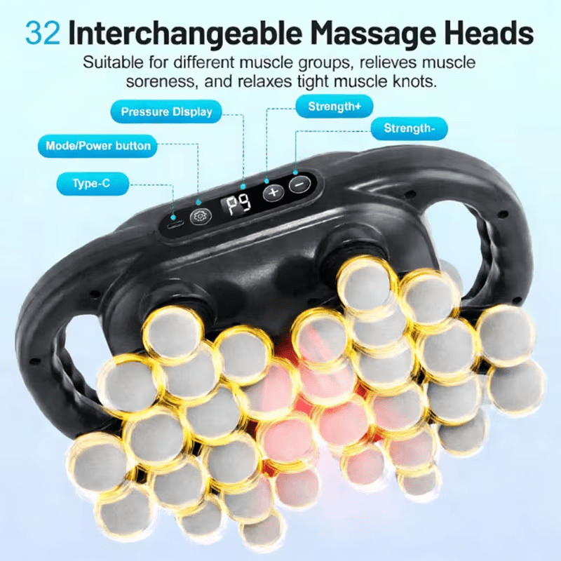 32-Head Deep Tissue Massage Gun with 9 Speeds Intensity adjustment, Handheld Electric Percussion Massager Quiet Rechargeable for Back Neck Muscle Pain Relief