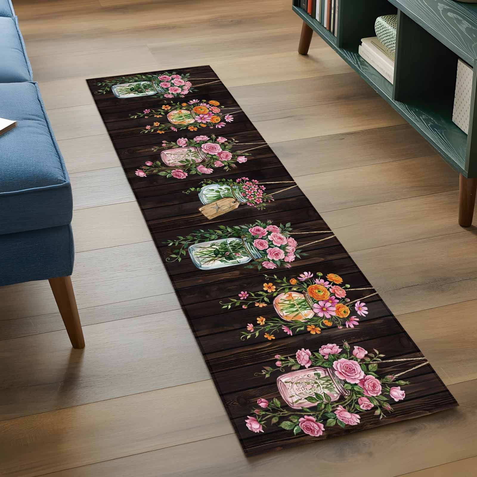 Pink Spring Floral 2'x6' Runner Rugs for Hallway Kitchen Bedside Non Slip Washable, Farmhouse Botanical Wooden Retro Art Entryway Rug Runners with Rubber Backing, Long Carpet Runner for Laundry Room