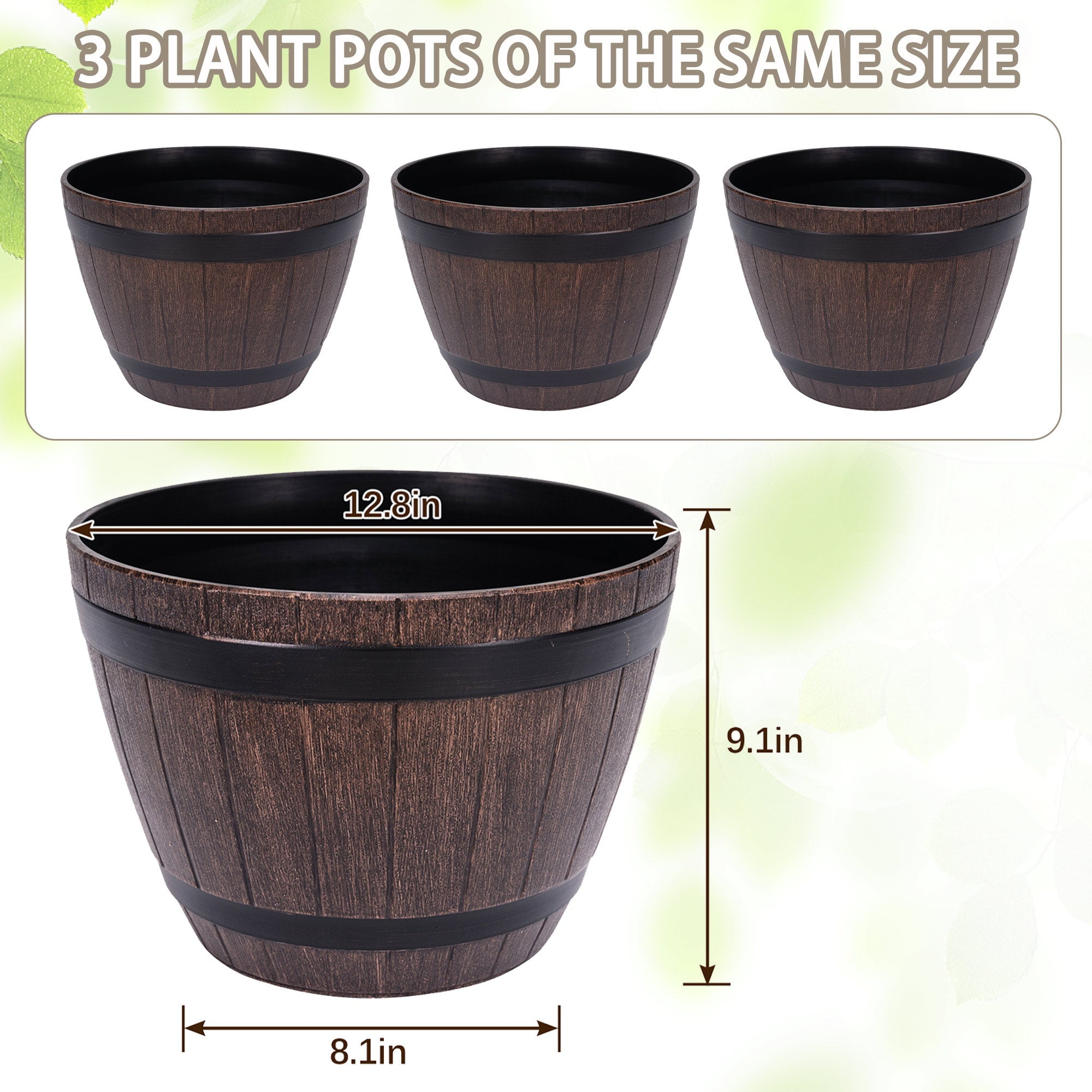 VECELO 3 Pack 13 inch Plant Pots, Whiskey Barrel Planters with Drainage Holes & Saucer, Plastic Imitation Wine Barrel Decoration Flower Pots, for Indoor & Outdoor Garden Home Plants, Brown