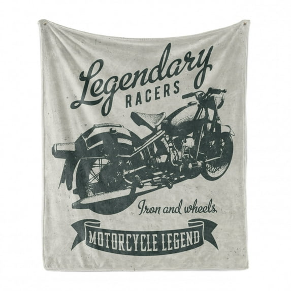 Motorcycle Soft Flannel Fleece Throw Blanket, Cruiser Bike Sketch with Hand Lettering Racers Words, Cozy Plush for Indoor and Outdoor Use, 60" x 80", Sage Green Green, by Ambesonne