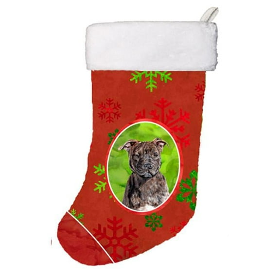 Staffordshire Bull Terrier Staffie Red Snowflakes Holiday Christmas Stocking, 11 x 8 In.