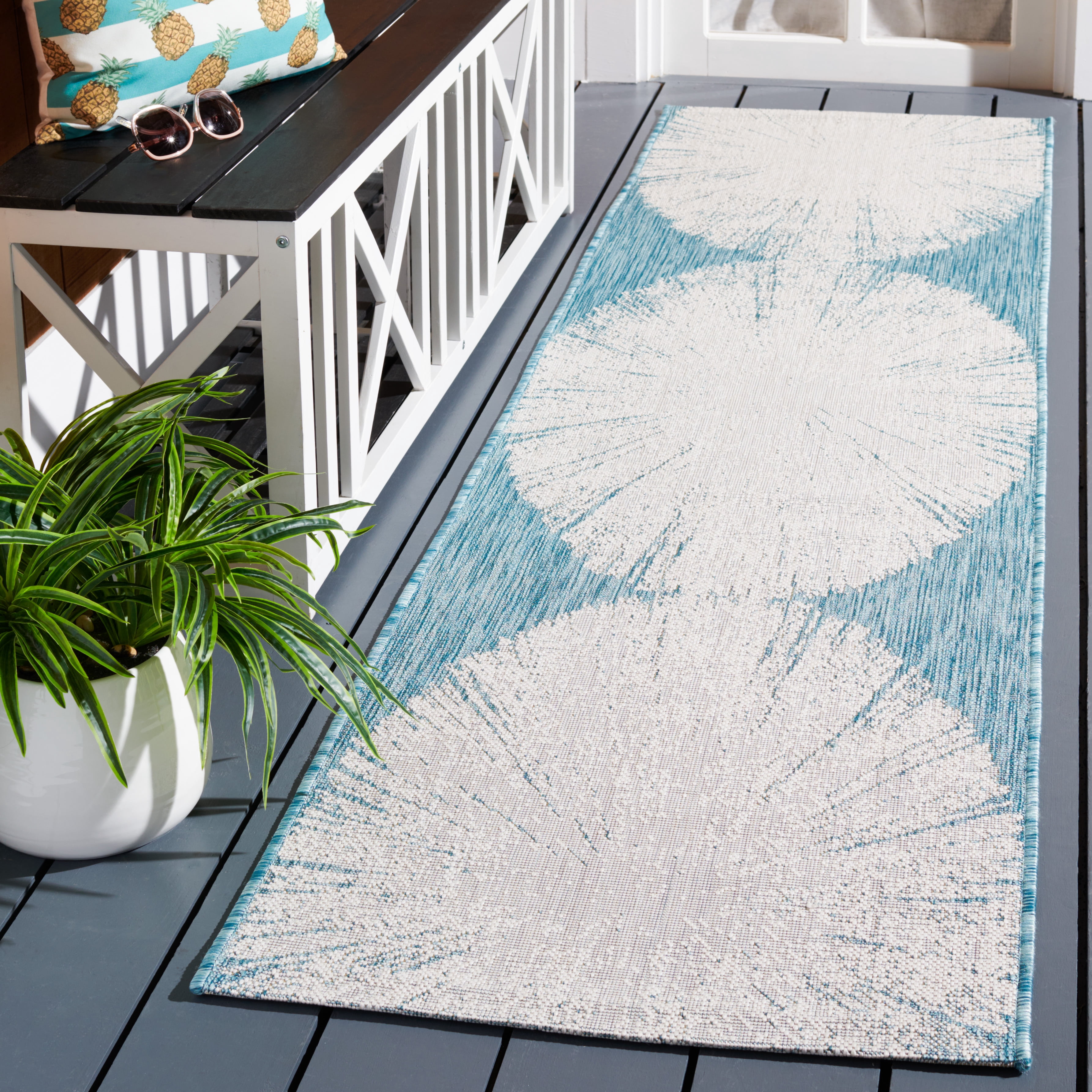 SAFAVIEH Courtyard Jaymz Radiant Indoor/Outdoor Runner Rug, Beige/Aqua, 2'3" x 8'