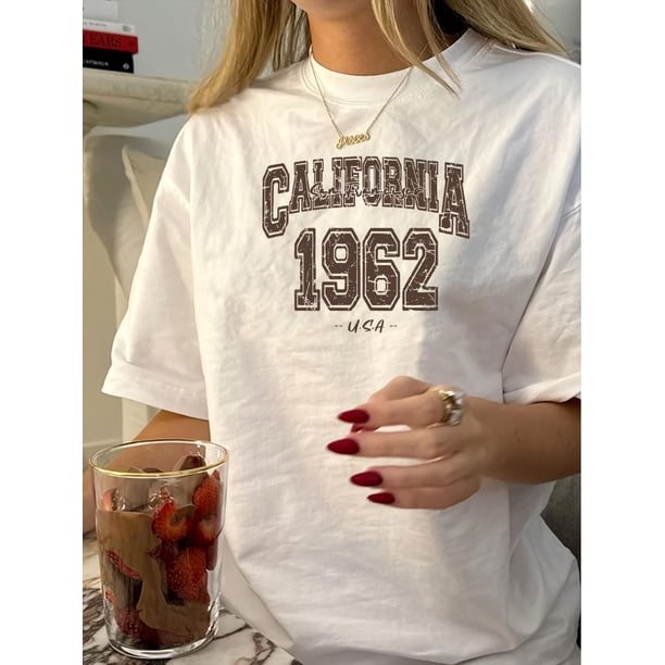Camiseta con estampado geométrico de inspiración vintage para mujer - Cuello redondo informal, manga corta, algodón, lavable a máquina - Perfecta para verano, estilo retro, cuello redondo, estampado,