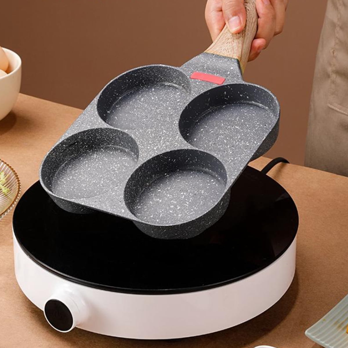 Non-stick Egg Frying Pan, 4 Holes Skillet with Handle,Multifunctional Wooden Handle Omelet Non-stick Cookware Frying Pan,Versatile Breakfast Skillet for Eggs Pancakes Plett Crepes(White)