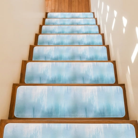 White Blue Gradient Stair Treads Non Slip for Steps Abstract Modern Art 10 Pcs Reusable Adhesive Stair Runner Mats for Dogs Elders Carpet Treads Rugs for Staircase 8x30 In