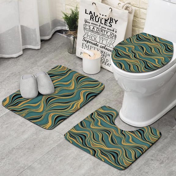 Teal Marble Gold Wave Pattern Bathroom Rugs Sets 3 Piece,Toilet Cover Set,Absorbent Non Slip Bathroom Mats Sets with U-Shaped Contour Rug Toilet Rug Set